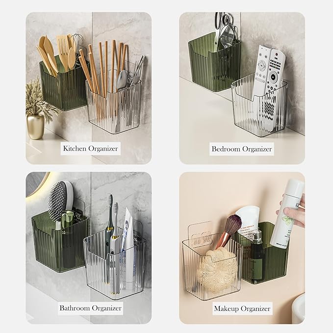 4 Pack Wall Organizers and Storage - Clear Acrylic Cabinet Door Organizer Bins, Adhesive Remote Control Holder, Space-Saving Stackable Wall Storage for Bathroom, Kitchen, Pantry, RV, Dorm, Office