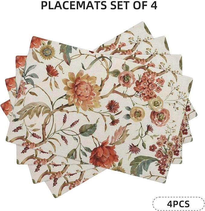 Boho Floral Placemats Set of 4 Vintage Watercolor Flower Decor Place Mats 12x18 Inch Retro Rustic Spring Seasonal Decorative Linen Table Mats for Home Kitchen Dining Party Table Decoration