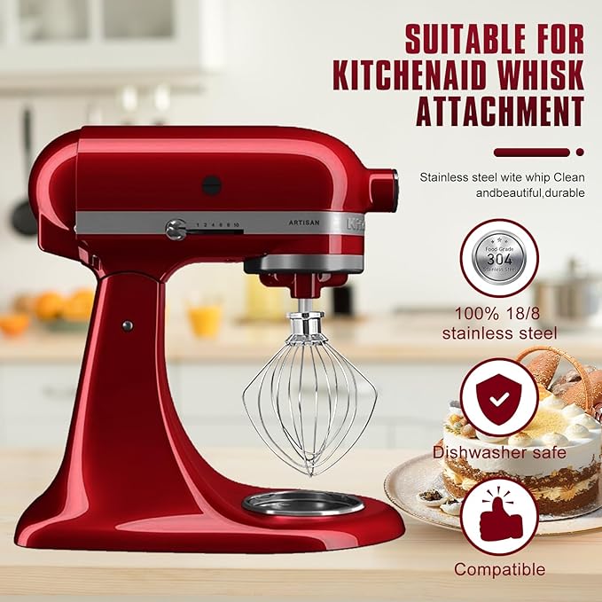 Whole Stainless Steel K45WW Whisk Attachment for KitchenAid 4.5-5 Tilt-Head Mixer, Dishwasher Safe Wire Whip for Kitchen Aid