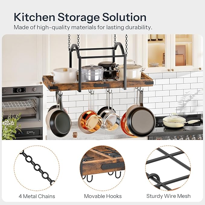 HOOBRO Hanging Pot Rack, 32-Inch Pot Hanger for Kitchen, Hanging Pan Rack with 10 Detachable S Hooks, Sturdy Metal Fram, for Pot, Pan Storage, Space-Saving, Rustic Brown and Black BF80TL01