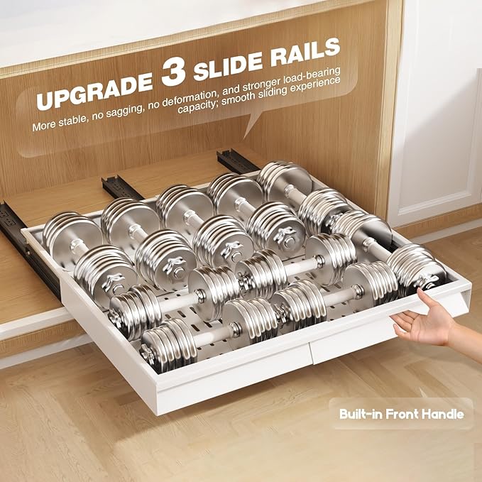 Seinloes 2 Pack Pull Out Cabinet Organizer With Raising Pad for Framed Cabinets,Expandable Width (15"-25") and Depth (17"-24"),3 Slide Rails Slide Out Drawers with Handle,No-Drill Roll Out Shelf,White