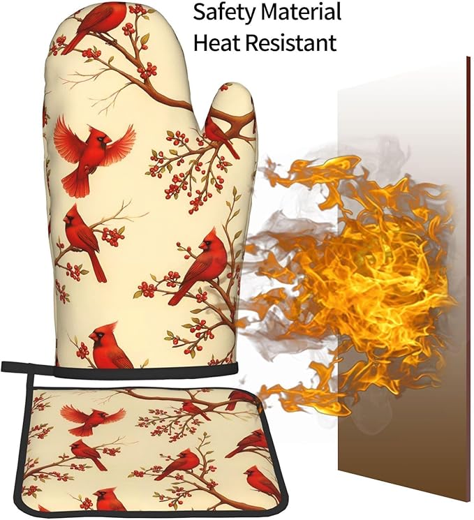 Red Cardinal Oven Mitts and Pot Holders Sets of 3, Non-Slip Christmas Heat Resistant Kitchen Gloves Hot Pad, Cardinal Gifts for Women, Rustic Christmas Kitchen Decor, Baking Cooking Grilling Gifts