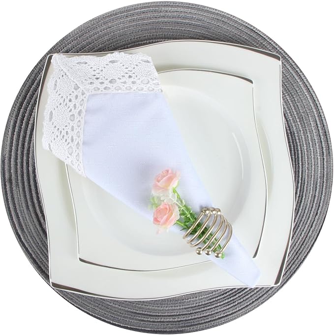 EHouseHome Dinner Cloth Napkins with Lace Trim Waterproof Spillproof Faux Linen Fabric Napkins,Set of 6, 18 x 18 Inch,White