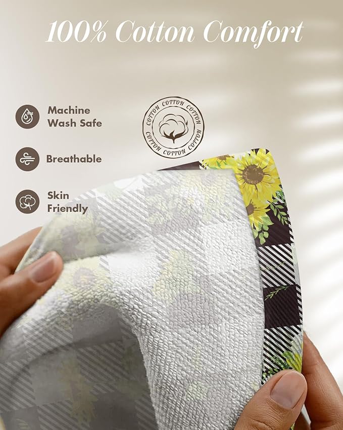 Miss Adola 270 GSM Cotton Kitchen Towels, Oven Mitt and Pot Holder - 4 Pack Kitchen Decor and Accessories Set Cute Farmhouse Boho Quilted Lining Heat Resistant Set with Hanging Loop, Plaid Sunflower