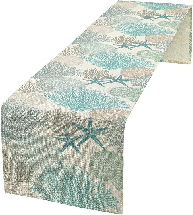 Nautical Coastal Table Runners Ocean Beach Coral Table Runners for Dining Room Starfish Blue Teal Dinner Runner Kitchen Indoor Outdoor Patio Party Decor Fabric 1 Panel W13xL108in