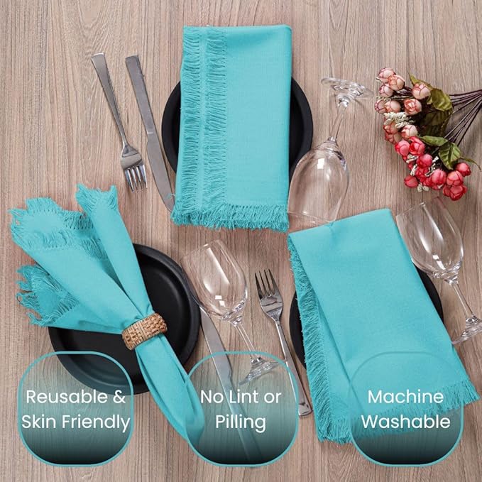 Set of 6 Dinner Napkins Fringes 100% Cotton - Soft Durable Reusable - Perfect for Dining Weddings Parties Holidays Easter Christmas & Everyday Use Table Napkins - 20x20 in Napkins Turquoise