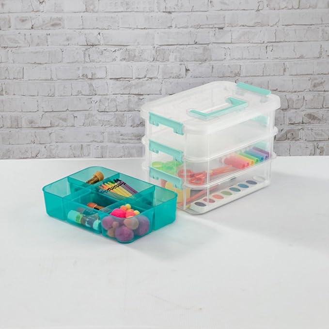 Sterilite 12 Pack Plastic Storage Box Container, 3 Layer, Stack and Carry, Clear/Blue