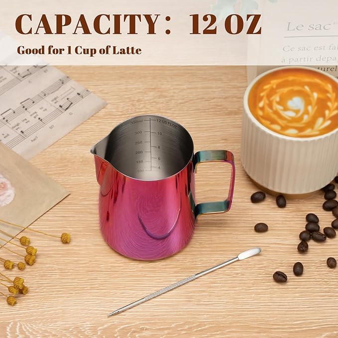 Amrules Milk Frothing Pitcher, 12 oz Milk Frother Cup with Clear Scale, 304 Stainless Steel Cappuccino Espresso Machine Accessories for Barista Coffee Bar with Latte Art Pen, Multipurple