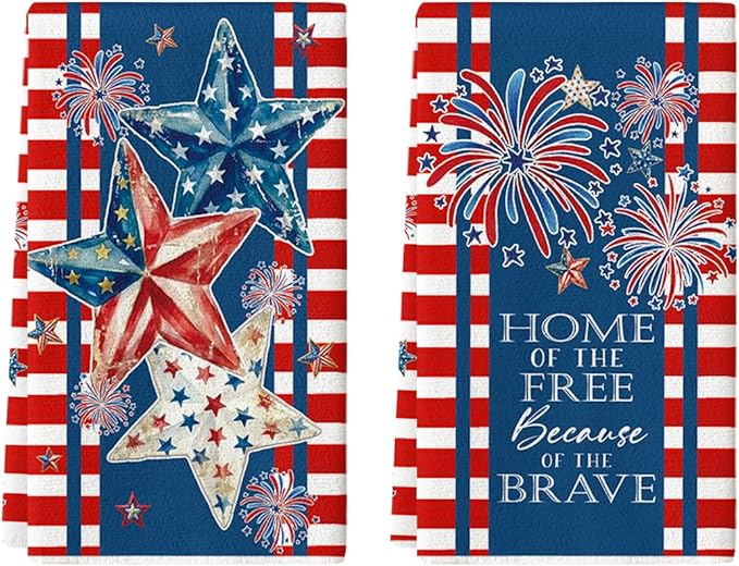 Artoid Mode Stripes Star Fireworks 4th of July Kitchen Towels Dish Towels, 18x26 Inch Independence Day Decoration Cleaning Set of 2
