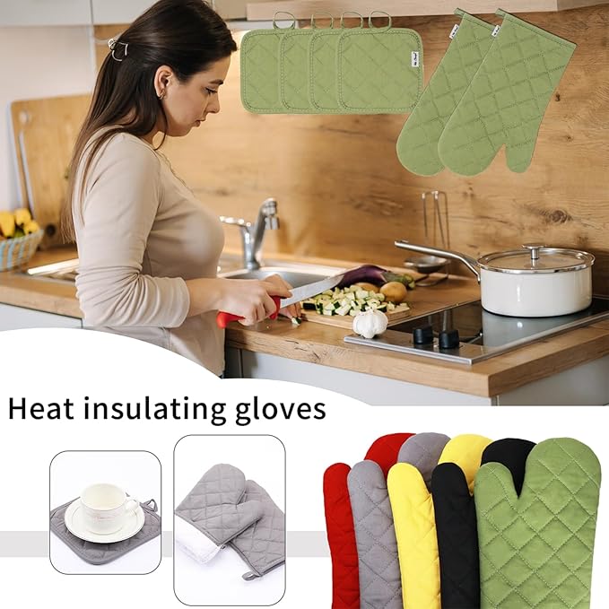 Oven Mitts and Pot Holders Sets,6 Pcs Oven Mitts and Potholders with Recycled Cotton High Heat Resistant Extra Thick Long Oven Mitts for Cooking(Green)