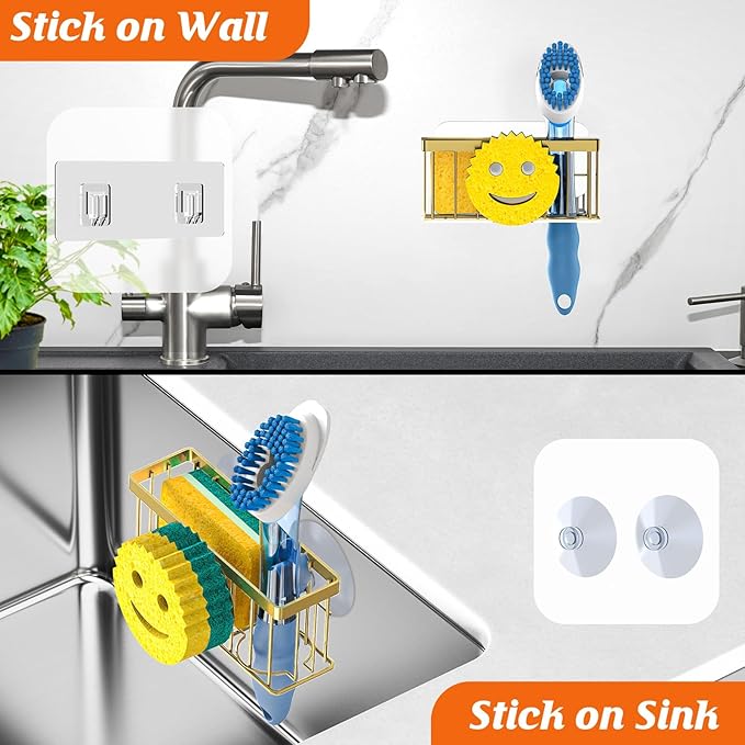 MURLONG Sponge Holder Smiley Face, Sink Caddy for kitchen Sink, Kitchen Organizer Sponge Holder with 2 PCS Suction Cups/1 PCS Adhesive Strips, Designed for Sponge, Soap, Dish brush, Scrubber-Gold