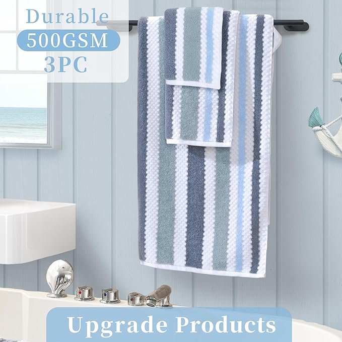 Waffle Towels for Bathroom-Quick Dry | Thick | Lightweight | 540GSM,Large Bath 30"x56", Hand 16"x27",Wash Cloths 13"x13",Cotton Polyester Blend Towels with Hanging Loops,Blue Gray Stripe and White