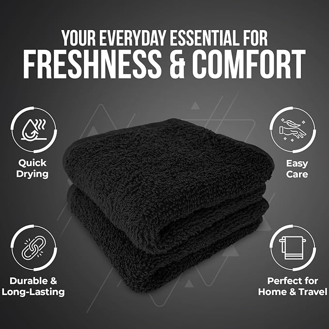 DAN RIVER 24 Pack Wash Cloths for Showering [12x12] - 100% Cotton Washcloths Premium Quality Flannel Face Cloths for Bathroom, Highly Absorbent and Soft Feel Wash Clothes, Black