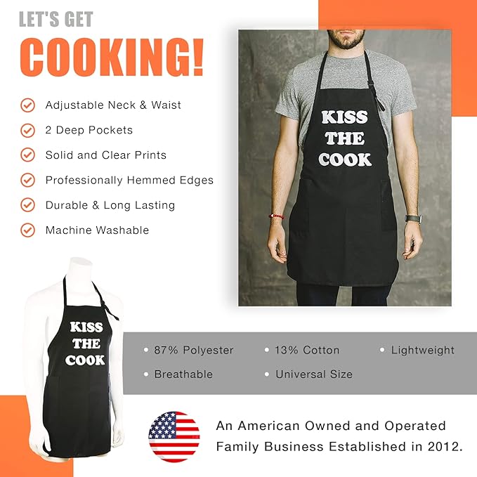 Funny Guy Mugs Kiss The Cook Adjustable Apron with Pockets - Funny Apron For Men & Women - Perfect for Kitchen BBQ Grilling Barbecue Cooking Baking