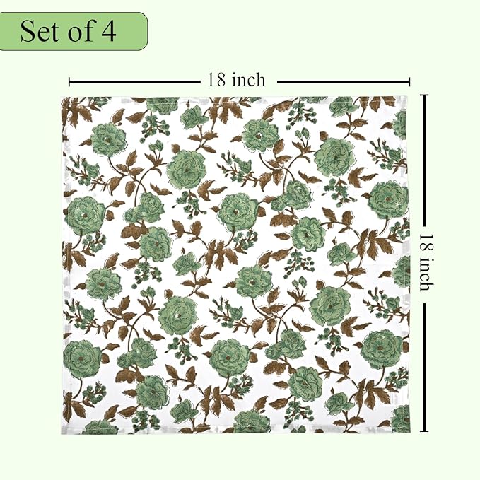 CPC Cloth Napkins Set of 4 Cotton Printed Dinner Hand Print Napkins I Wedding Cocktail Cloth Floral Napkins I 18x18 in I Moss Green