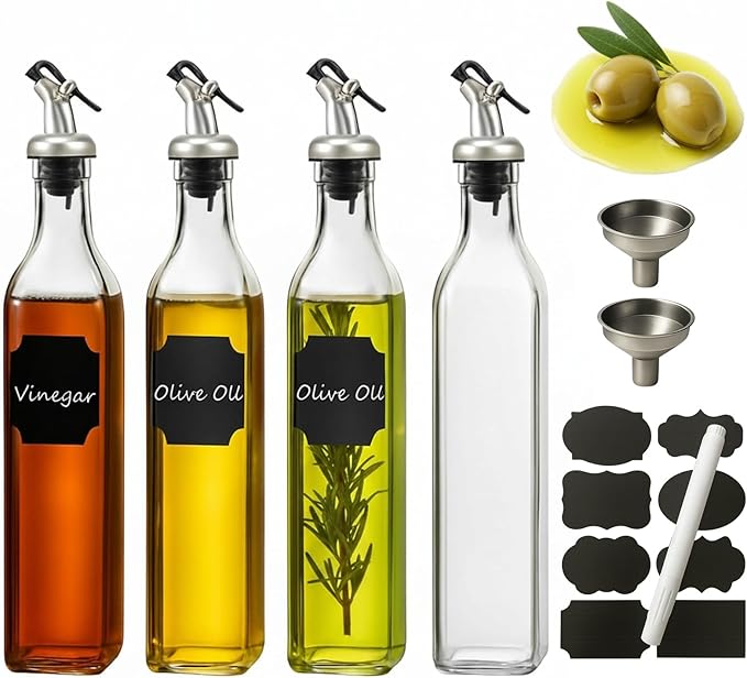 WERTIOO Olive Oil Dispenser Bottle,4Pack 17 OZ Glass Oil Dispenser for Kitchen with 4 Pourer,2 Stainless Steel Funnel & 1 Pen and 8 Label for Kitchen (500ml)