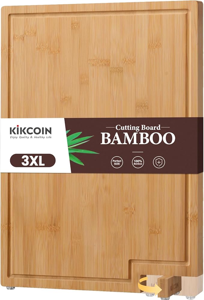 Kikcoin Bamboo Cutting Boards for Kitchen, 3XLarge Wood Cutting Board with Rotating Kickstand & Juice Groove, Wooden Chopping Board for Meats Veges Fruits, Heavy Duty Serving Tray, 24 x 18 inch
