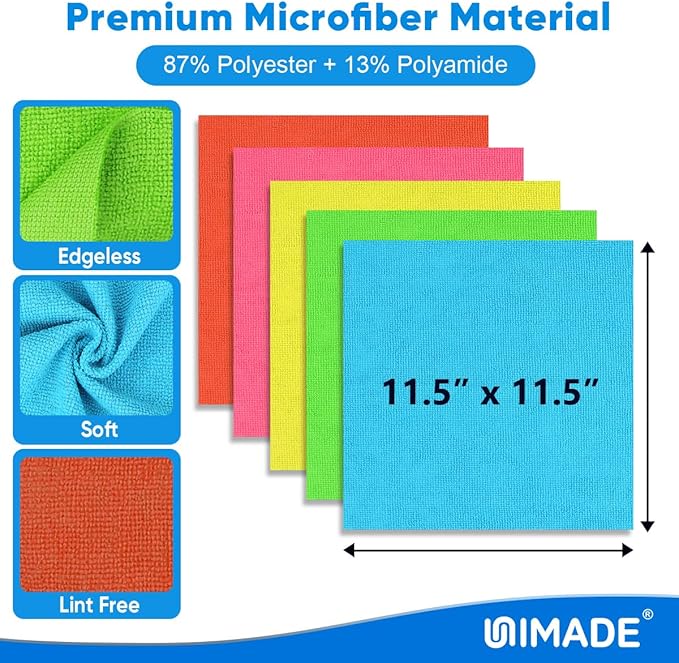 UNIMADE Microfiber Cleaning Cloth, 20 Pack Reusable Microfiber Towels for Cars Lint Free Cleaning Shop Towel Rags for Home Kitchen Automotive Bar Mechanic Restaurant Garage, 11.5"x 11.5", Multicolor