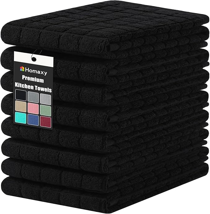 Homaxy Premium Cotton Kitchen Towels 16"x 28", Large Natural Ring Spun 390 GSM Dish Towels, Super Absorbent Terry Kitchen Hand Towels, Soft Tea Towels with Hanging Loop, Pure Black Design, 8 Pack