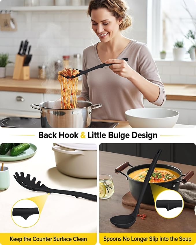 Silicone Pasta Fork and Soup Ladle Set, Heat Resistant Non Stick Kitchen Utensils with Back Hooks, Suitable for Cooking, Stirring, Serving Spaghetti, Soup, Sauce (BLACK)