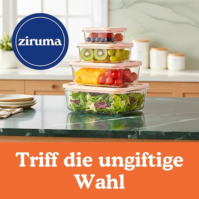 Ziruma Non-Toxic 1.5 cup Glass Food Storage Containers with Lids - Overnight Oats, Plastic Free Meal Prep, Reusable, Airtight, Microwave and Freezer Safe, 4 Pack