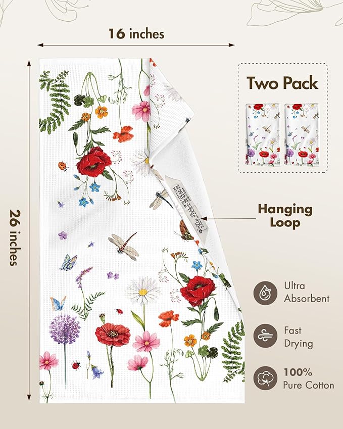 Miss Adola 2pcs Waffle Kitchen Towels - 16x26 Inch Cotton Waffle Weave Dish Cloths Set of 2 with Hanging Loop Absorbent Hand Tea Towels Elegant Design for Housewarming Gift, Wildflower