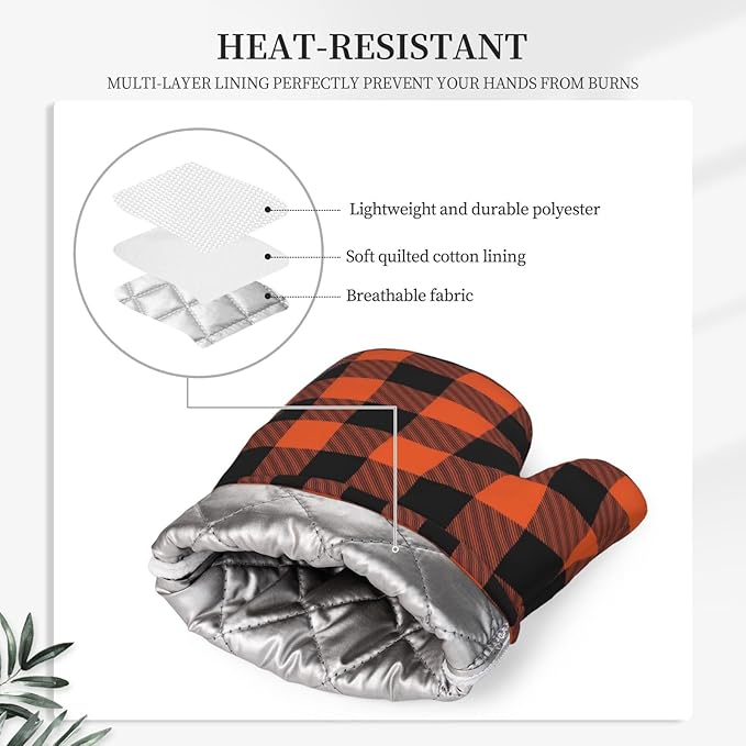 Buffalo Plaid Black and Orange Oven Mitts and Pot Holders Set, 4pcs Silicone Black Orange Plaid Oven Glove for Kitchen Heat Resistant Oven Mitts and Potholders Non-Slip for Cooking