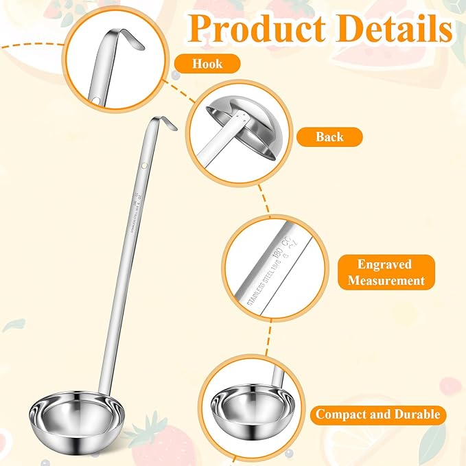 6 Pcs Stainless Steel Ladle Soup Handle Ladle with Long Hooked Handles Metal Kitchen Soup Ladles Spoon Cooking Utensil for Serving, Cooking, Stirring, Portioning Kitchen Restaurant Accessories(6 oz)