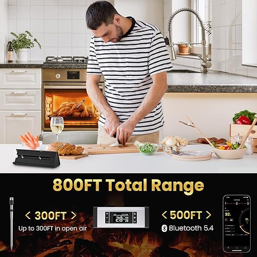800FT Wireless Meat Thermometer,Digital Cooking Thermometer with 1 Probes-Wireless Rechargeable, Alarm Function,Instant Read,with iOS & Android App,for Grilling Smoking Oven BBQ