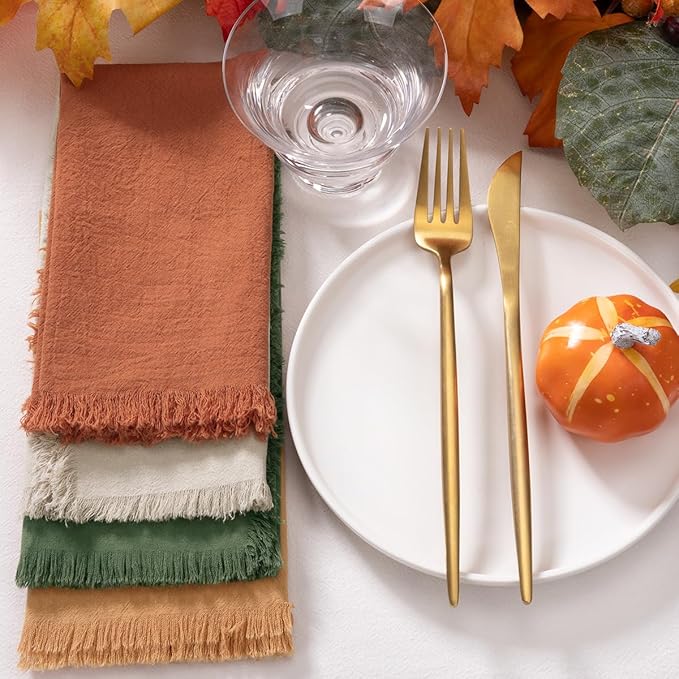 DeZerlor 12 Pack Thanksgiving Color Cotton Linen Napkins with Fringe Fall Napkins Cloth Set of 12 Boho Napkins Handmade Dinner Napkins Bulk for Wedding Thanksgiving Dining Table, 17 x 17