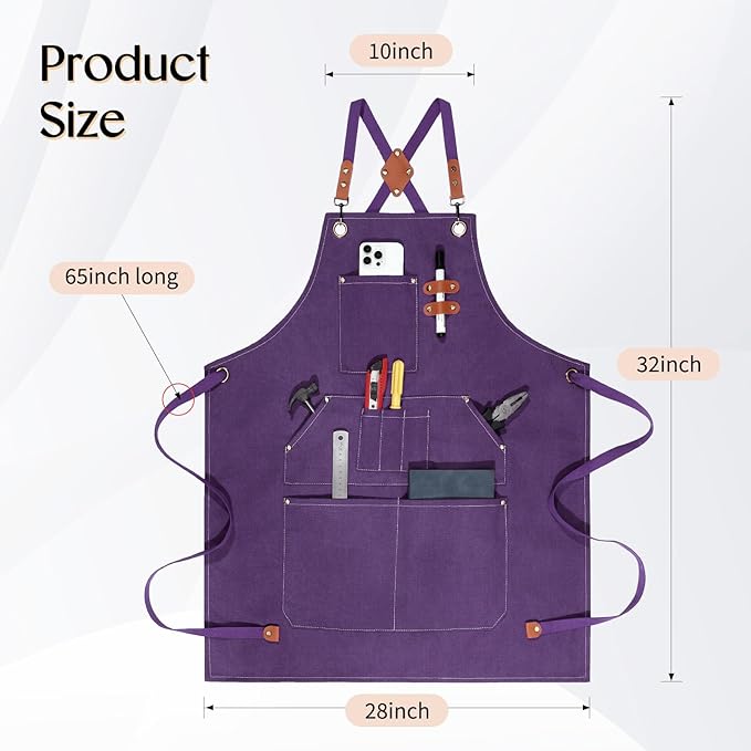 Work Aprons for Men Women with 9 Pockets Chef Apron 14oz Cotton Canvas Cross Back Aprons Heavy Duty Apron Purple Tool Apron for Woodworkers Kitchen Cooking Apron Waterproof Apron Size M to XXL