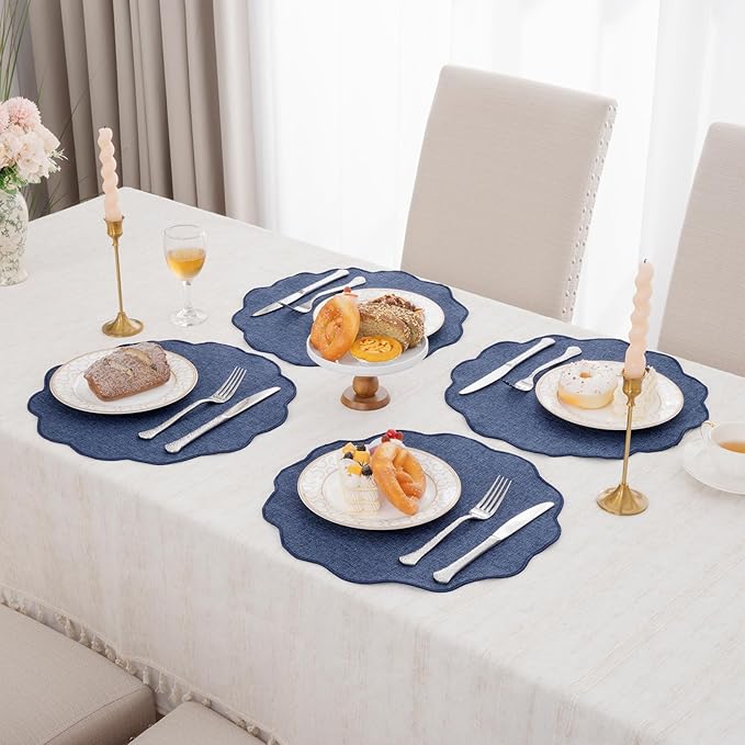 SHACOS Scalloped Round Placemats Set of 6 Polyester Linen Blend 15 inch Washable Non Slip Place Mats Easy Clean Heat Resistant Table Mats for Kitchen Dining Table Decor, Navy Blue