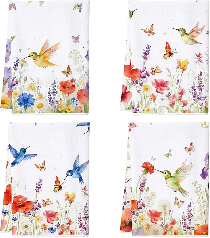 4Pcs Hummingbird Flower Kitchen Towels-16×24in Spring Dish Towels, Super Absorbent Wildflower Hand Towels for Holidays Decor Easter Mother‘s Day Gifts