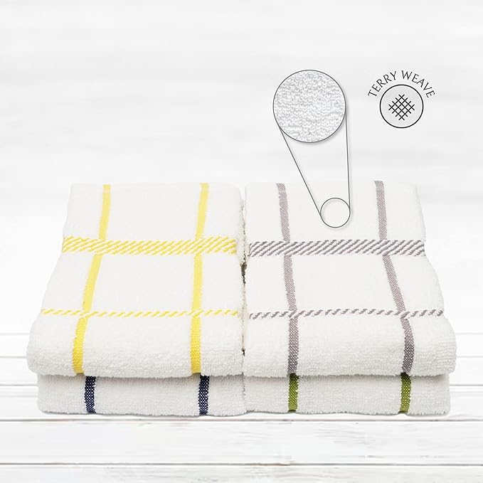 100% Cotton Terry Dish Towels, 4 Pack Checks, 16 x26 Inches, Super Soft and Absorbent Kitchen Towels, Perfect for Kitchen Cleaning and Dish Washing | Assorted