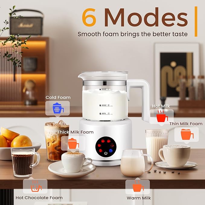 Milk Frother and Steamer, 6 in 1 Milk Steamer and Milk Warmer, 17oz Auto Shut Off Electric Frother with Touch Screen, Hot/Cold Foam Maker for Coffee, Latte, Cappuccino, Hot Chocolate,White