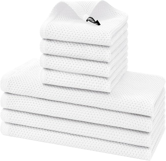 Kitinjoy 100% Cotton Kitchen Towels and Dishcloths Set, 8 Pack-13" x 28" and 12" x 12" Waffle Weave Dish Towels, Ultra Soft Absorbent Quick Drying Dish Rags, White