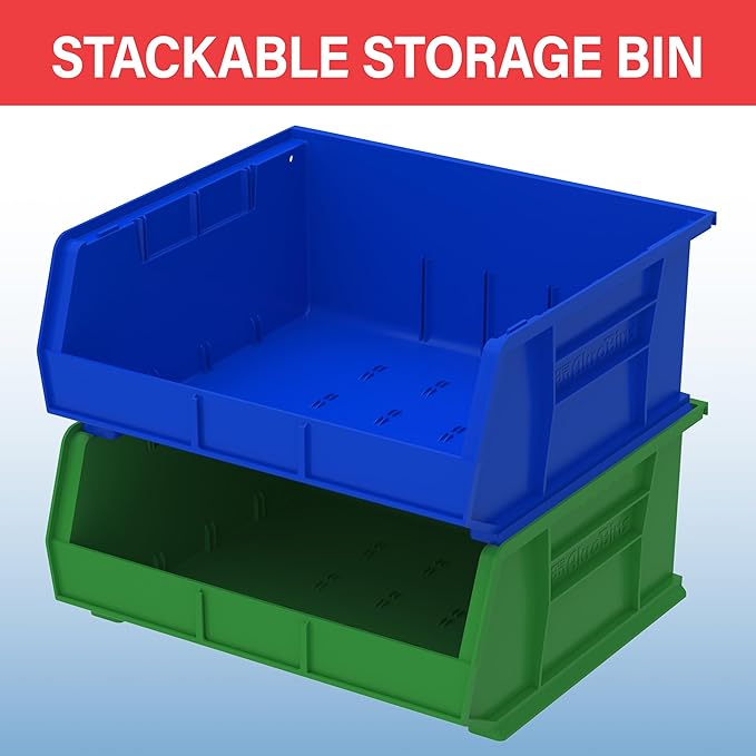 Akro-Mils 30250 AkroBins Plastic Storage Bins, Space-Saving Stackable Bins for Garage, Pantry, Craft Organization, 15" x 16" x 7", Red, 6-Pack