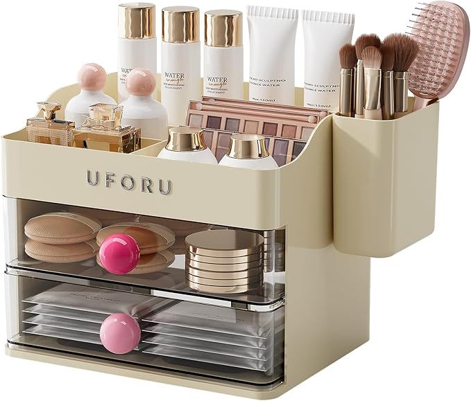 Makeup Organizer for Vanity with Brush Holder, Countertop Skincare Organizer with 2 Drawers, Spacious Cosmetic Display Case for Perfumes, Eyeshadow Palettes, Nail Polishes