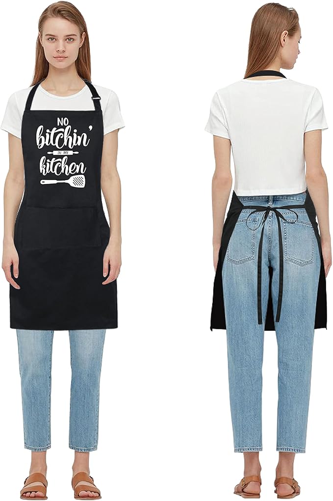 Xornis 100% Cotton Funny Apron with 2 Pockets for Men Women BBQ Grilling Adjustable Bib Black Aprons Gifts Cooking Kitchen