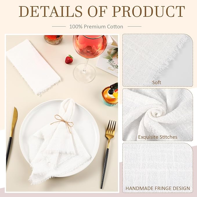 Preboun 24 Pcs Fringe Napkins Bulk Cloth Cotton Soft 17 x 17 Inch Rustic Reusable Washable Festive Square Table Napkins with Fringe for Parties Wedding Restaurant Table Accessory(White)