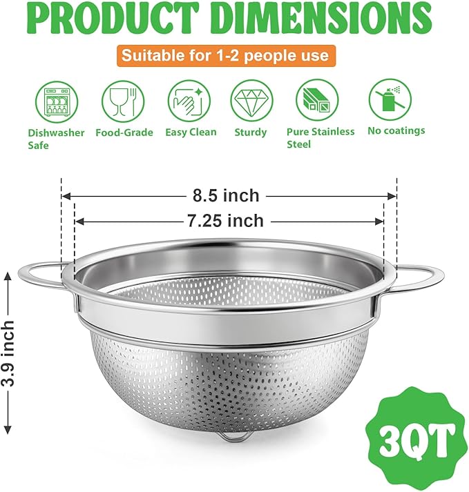 P&P CHEF Colander Strainer Stainless Steel 3 Quart, Metal Micro-Perforated Colander for Kitchen Food, Ideal for Rinsing Washing Draining, Dishwasher Safe, Shiny Silver, 1PC