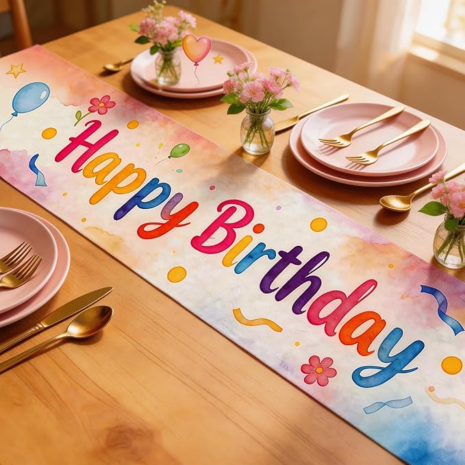 Happy Birthday Table Runner 13x72 Inch Farmhouse Polyester Linen Table Decoration for Kitchen Dinning, Indoor Outdoor Home Dinner Party (Multicolour 1)