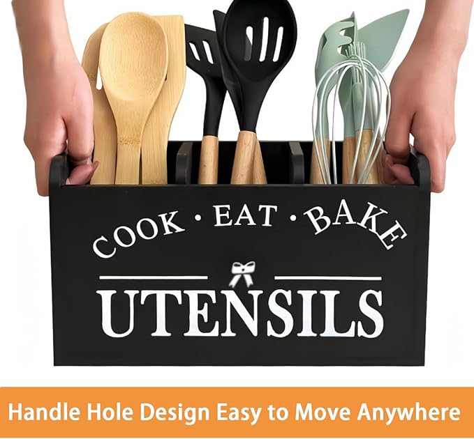 Utensil Holder,Wooden Utensil Holder for Kitchen Counter, Cooking Utensil Organizer with 3 Compartments,Utensil Crock for Silverware Spoon Spatula