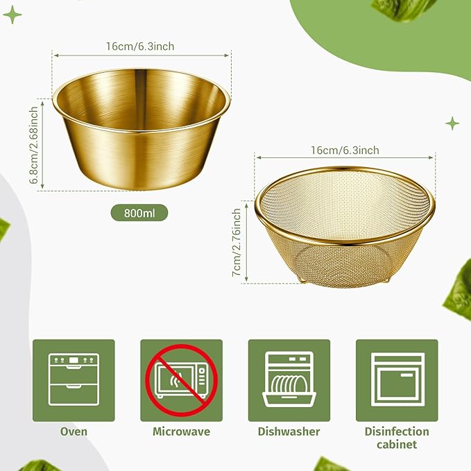 Baderke 2 Pcs Mini Colander & Food Strainer 304 Stainless Steel Small Mixing Colanders Bowl Rice Strainer for Kitchen Cooking Fruit Washing Vegetable (6.3 x 2.76 Inches,Gold)