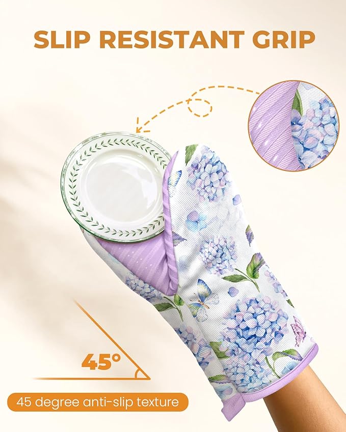 Slohif Butterfly Mini Oven Mitts Set – Purple Flower Extended Short Heat Resistant Kitchen Gloves for Women, 100% Cotton Oven Mitts with Silicone Grips, Non-Slip and Thick Durable for Cooking & Baking
