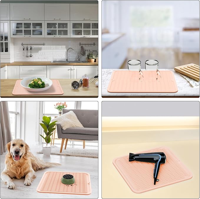 ZLR Silicone Dish Drying Mat 12" x 12" Square - Small Heat Resistant Trivet & Countertop Protector for Air Fryer, Coffee Maker - Waterproof Kitchen Drain Pad for Cups, Fruit (Peach Pink)