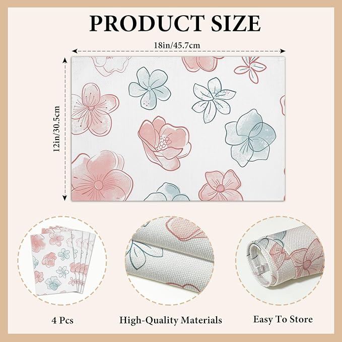 Cotton Linen Waterproof Placemats Set of 4, Watercolor Floral Dining Mat Table Mats Decor Fabric for Kitchen Dinner Coffee Shop Table, Indoor/Outdoor Washable Wipeable Placemat -N025