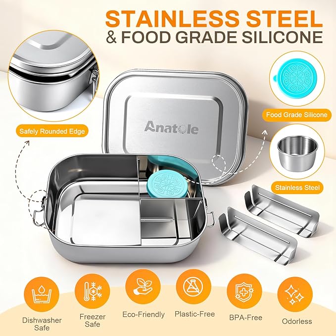 Anatole 304 Stainless Steel Bento Box 49oz 1450ml Leak-Proof Lunch Box 3 Compartments with 2 Removable Dividers 1 Sauce Container BPA Free Dishwasher Safe Food Container for Adults Work Travel