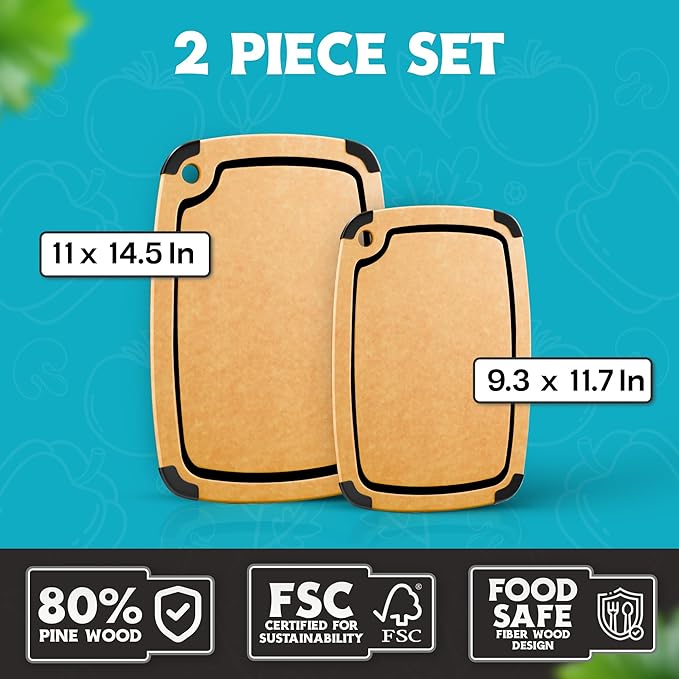 Dishwasher Safe Cutting Boards for Kitchen - Set of 2 Large Composite Wood Cutting Boards with Juice Groove, Non-Slip Feet & Lightweight Eco-Friendly Design 14.5" x 11" and 11.7" x 9.3"