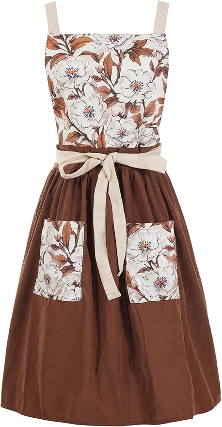 Pinknoke Vintage Pinafore Apron Dress for Women with Pockets Cute Floral Chef Aprons for Kitchen Cooking Baking Gardening